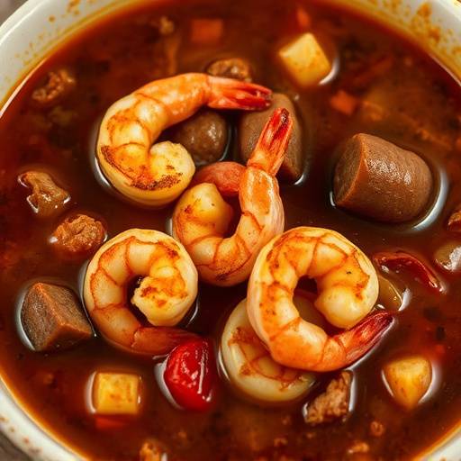 A bowl of rich, dark roux-based Gumbo Ya Ya with shrimp and andouille sausage.