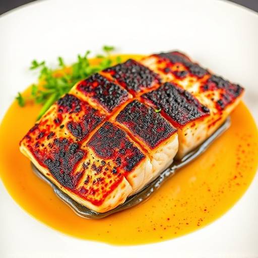 A perfectly blackened red fish fillet on a white plate with a side of greens.