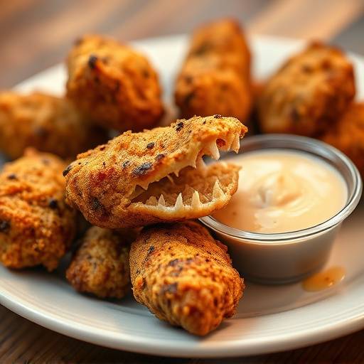 A plate of fried Alligator Bites with a side of dipping sauce.