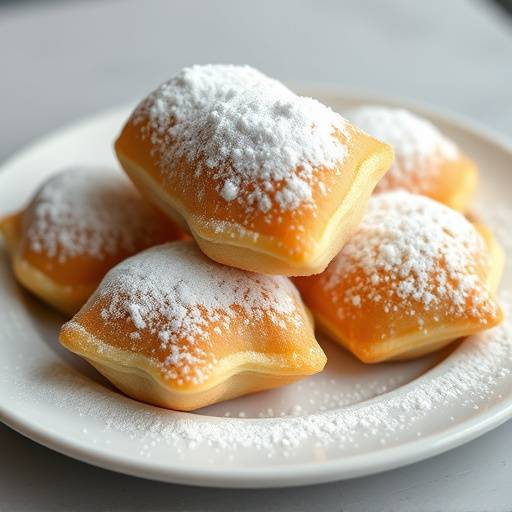 A plate of powdered sugar-covered Beignets, a New Orleans pastry.