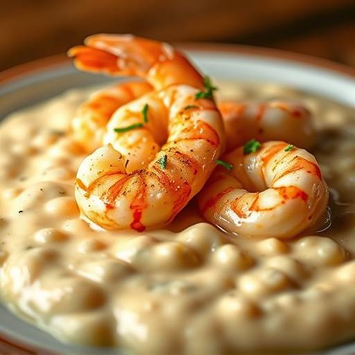 A plate of Shrimp and Grits, a creamy dish with grits and sautéed shrimp.