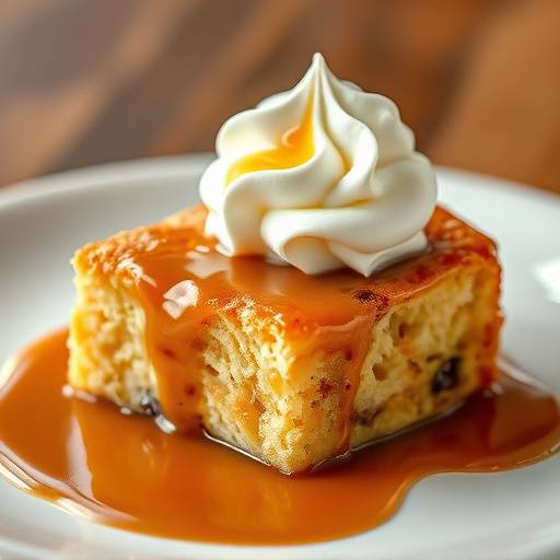 A slice of Bread Pudding with caramel sauce and whipped cream.