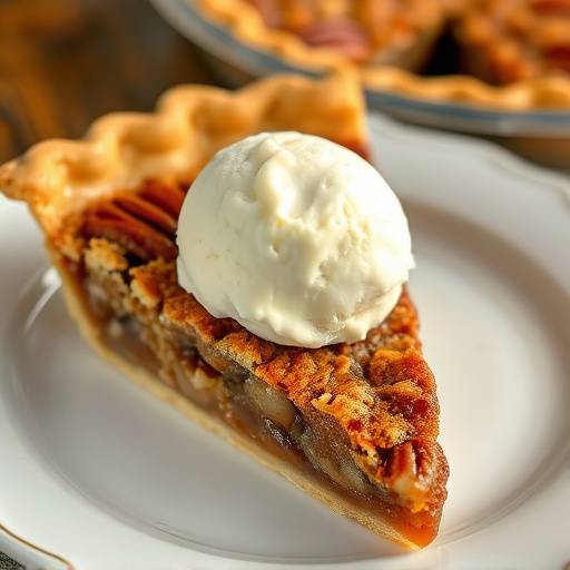 A slice of Pecan Pie with a scoop of vanilla ice cream.