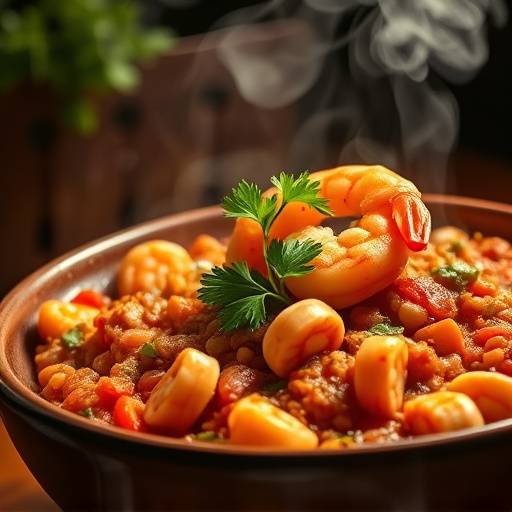 A steaming bowl of Jambalaya, garnished with fresh parsley and shrimp.