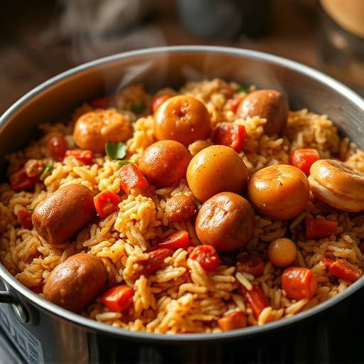 A steaming pot of Jambalaya, filled with rice, chicken, sausage, and shrimp.
