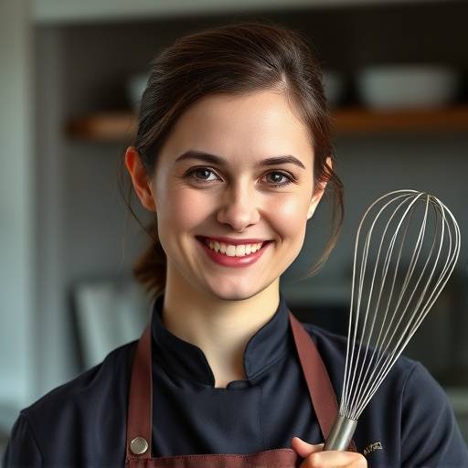 Portrait of Sous Chef Sophie Lemoine, smiling and holding a whisk.