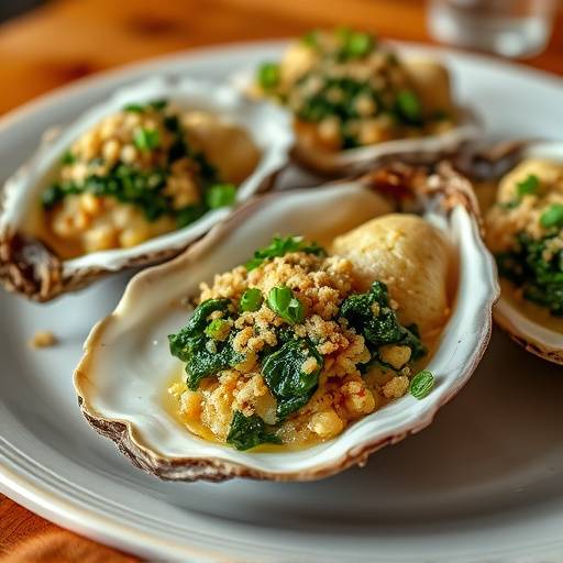 Six Oysters Rockefeller on a plate, baked with spinach, herbs, and breadcrumbs.